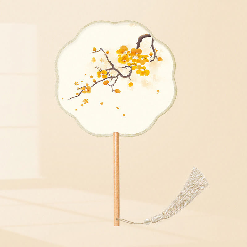 Buddha Stones Ginkgo Leaf Koi Fish Cherry Blossom Spring Flowers Handheld Wood Handle Fan - (Eight-Petal Shape)Small Yellow Flower 21*15cm - image 17