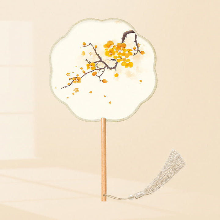 Buddha Stones Ginkgo Leaf Koi Fish Cherry Blossom Spring Flowers Handheld Wood Handle Fan - (Eight-Petal Shape)Small Yellow Flower 21*15cm - image 17