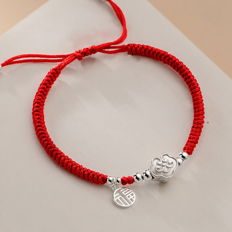 Buddha Stones Handmade 925 Sterling Silver Fu Character Auspicious Clouds Blessing Braided Rope Bracelet - image 2