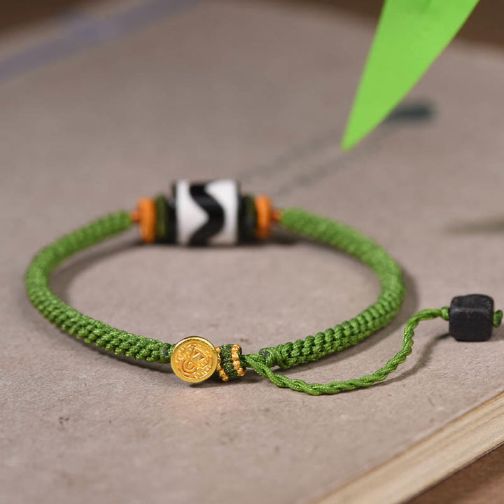 Buddha Stones Handmade Tibetan Dzi Bead Protection Braided Green Rope Bracelet - image 2