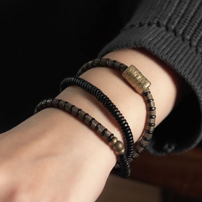 Buddha Stones Healing Tibetan Ebony Wood Beads Copper Multilayered Bracelet - image 2
