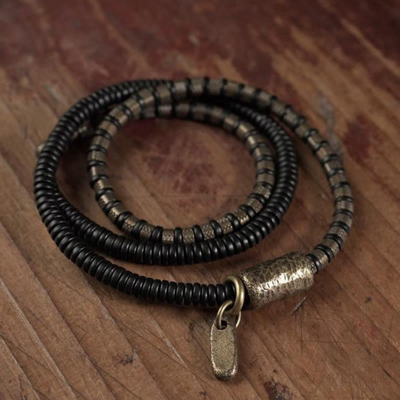 Buddha Stones Healing Tibetan Ebony Wood Beads Copper Multilayered Bracelet - 17-17.6cm - image 0