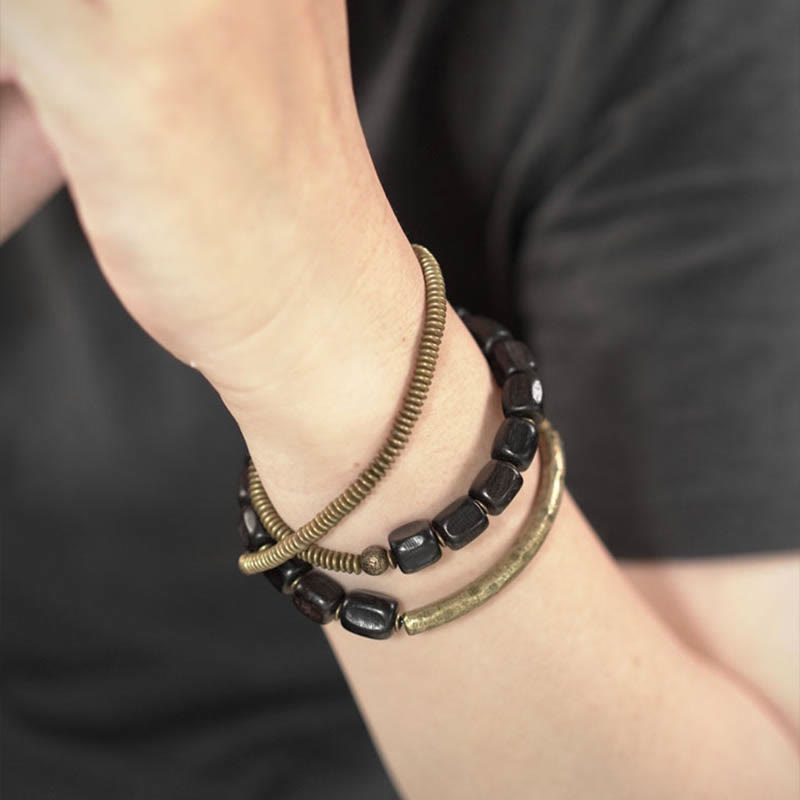 Buddha Stones Vintage Peace Tibetan Ebony Wood Beads Copper Multilayered Healing Bracelet - image 8