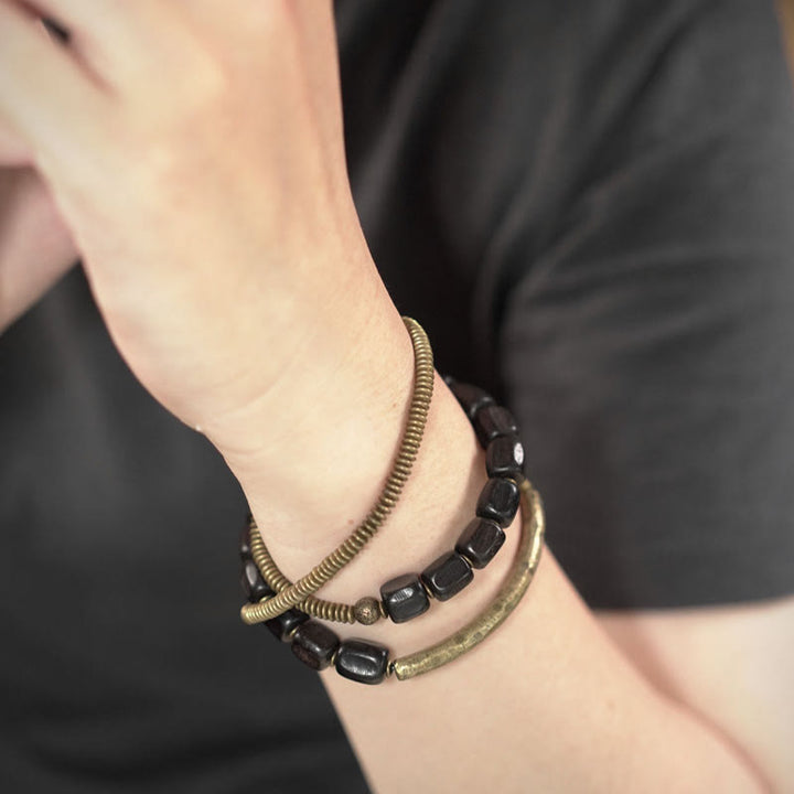 Buddha Stones Vintage Peace Tibetan Ebony Wood Beads Copper Multilayered Healing Bracelet - image 4