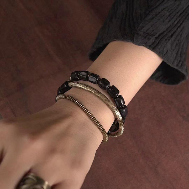 Buddha Stones Vintage Peace Tibetan Ebony Wood Beads Copper Multilayered Healing Bracelet - image 10
