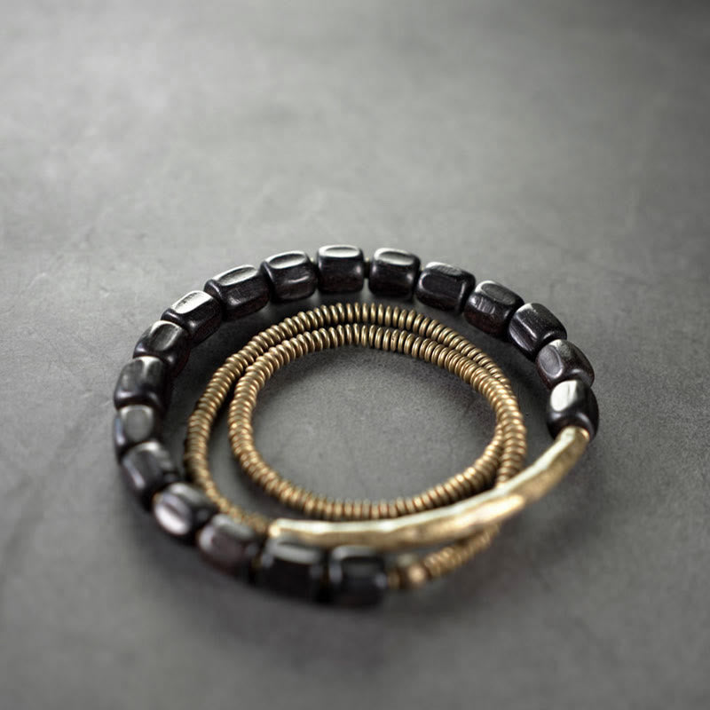 Buddha Stones Vintage Peace Tibetan Ebony Wood Beads Copper Multilayered Healing Bracelet - image 13