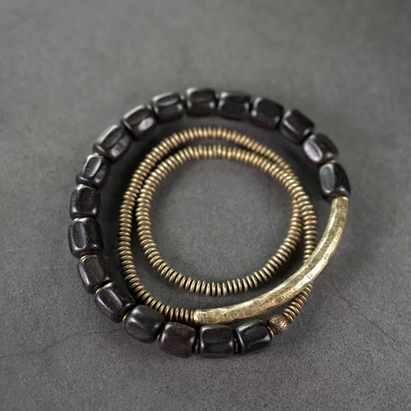 Buddha Stones Vintage Peace Tibetan Ebony Wood Beads Copper Multilayered Healing Bracelet - image 16