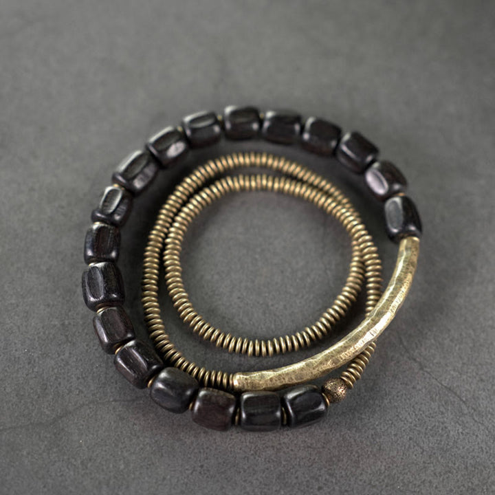 Buddha Stones Vintage Peace Tibetan Ebony Wood Beads Copper Multilayered Healing Bracelet - image 16