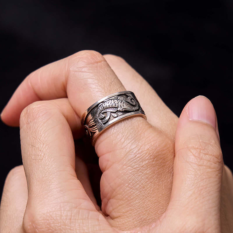 Buddha Stones Koi Fish Heart Sutra Carved Design Luck Wealth Ring - image 5