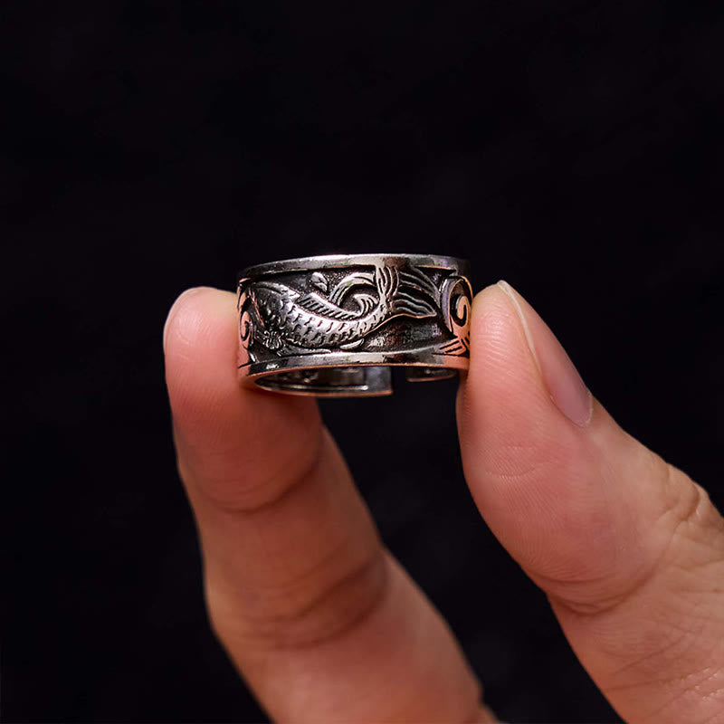 Buddha Stones Koi Fish Heart Sutra Carved Design Luck Wealth Ring - image 3