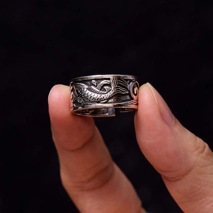 Buddha Stones Koi Fish Heart Sutra Carved Design Luck Wealth Ring - image 3