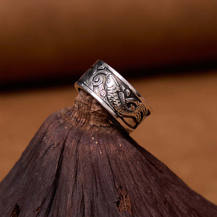 Buddha Stones Koi Fish Heart Sutra Carved Design Luck Wealth Ring - image 2