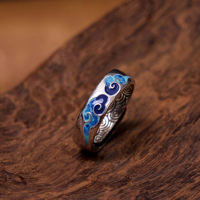Buddha Stones Blue Auspicious Clouds Pattern Wealth Copper Adjustable Ring - image 4