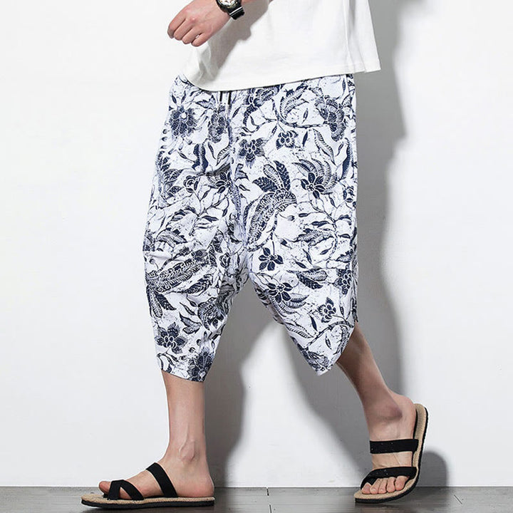Buddha Stones Leaves Vine Print Cotton Men's Long Cropped Harem Pants With Pockets - Cropped Style Azure - US/UK/AU46,EU56 (5XL) - image 9