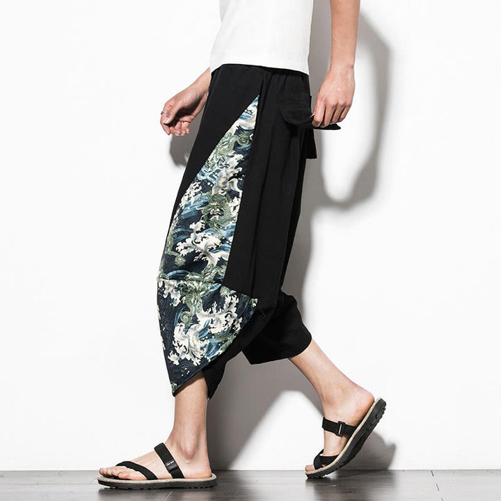 Buddha Stones Green Waves Print Cotton Men's Cropped Harem Pants With Pockets - Black - US/UK/AU46,EU56 (5XL)  - image 0
