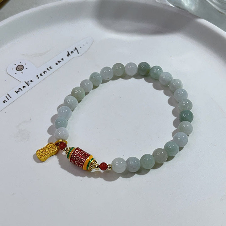 Buddha Stones Tibetan Natural Jade Fu Character Prayer Wheel Prosperity Abundance Bracelet - image 1