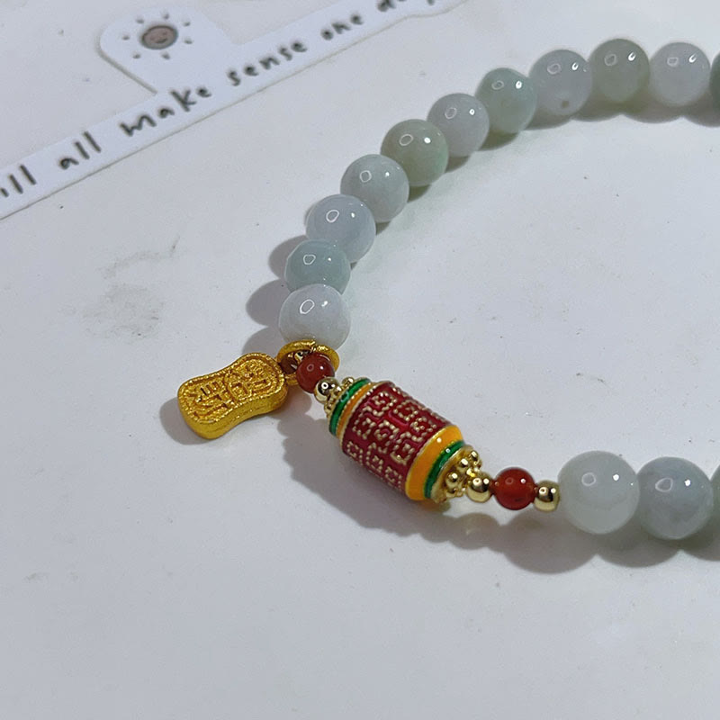 Buddha Stones Tibetan Natural Jade Fu Character Prayer Wheel Prosperity Abundance Bracelet - image 2
