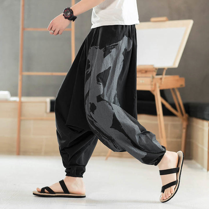 Buddha Stones Simple Summer Calligraphy Cotton Men's Harem Pants With Pockets - Black - US/UK/AU46,EU56 (5XL) - image 0