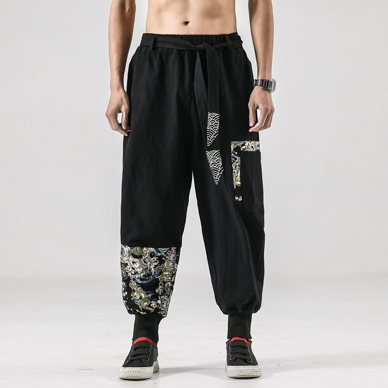 Buddha Stones Ocean Waves Lace-up Cotton Men's Harem Pants With Pockets - Black - US/UK/AU46,EU56 (5XL)  - image 0