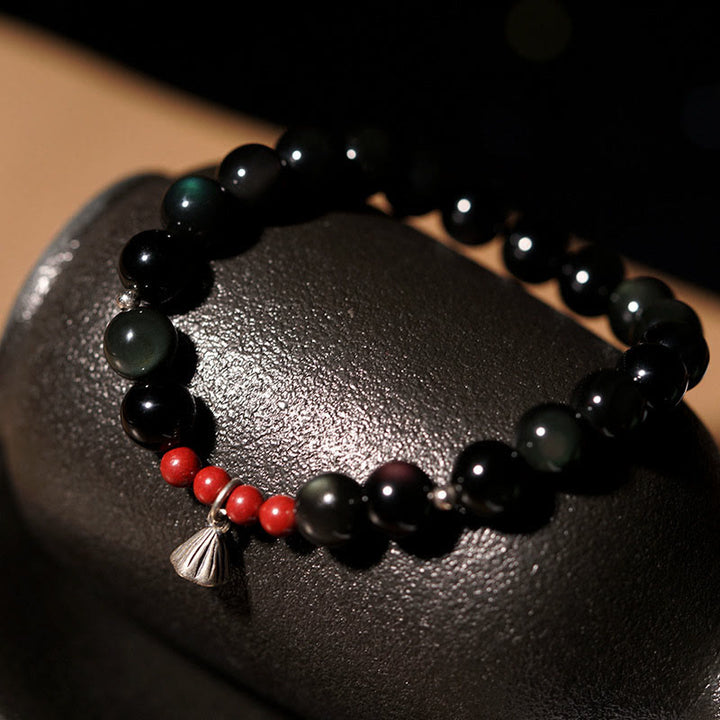 Buddha Stones Natural Black Obsidian Cinnabar Lotus Charm Strength Fulfillment Bracelet - 8mm(Wrist Circumference 14-16cm) - image 4
