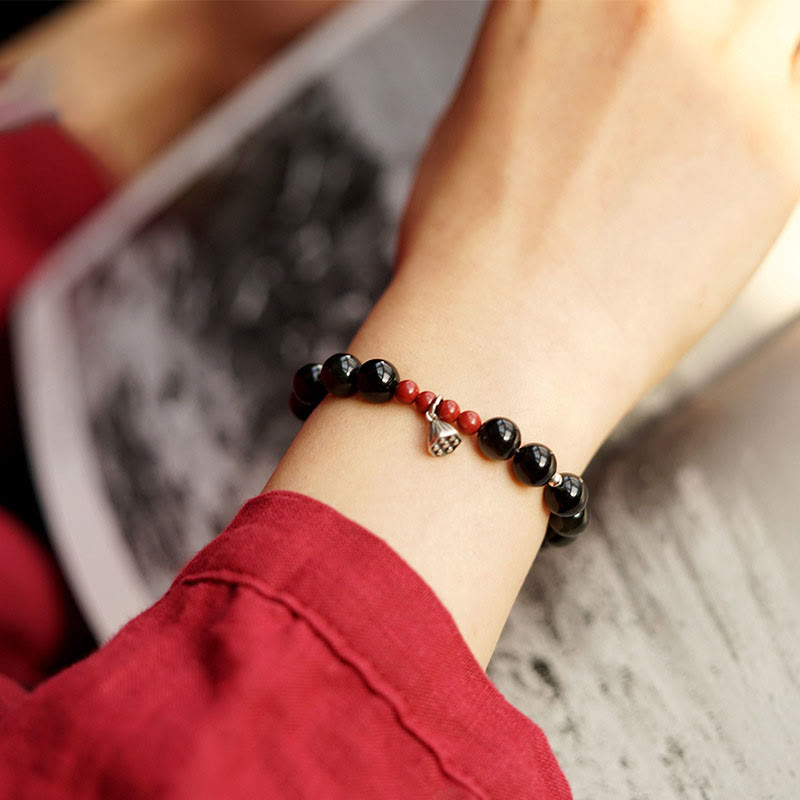 Buddha Stones Natural Black Obsidian Cinnabar Lotus Charm Strength Fulfillment Bracelet - image 2