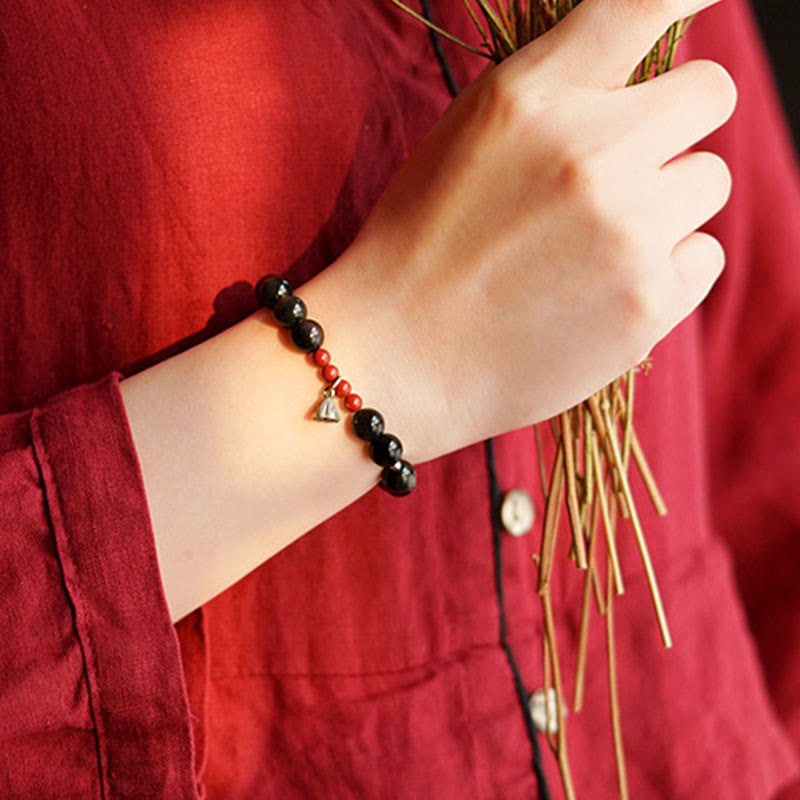 Buddha Stones Natural Black Obsidian Cinnabar Lotus Charm Strength Fulfillment Bracelet - image 8