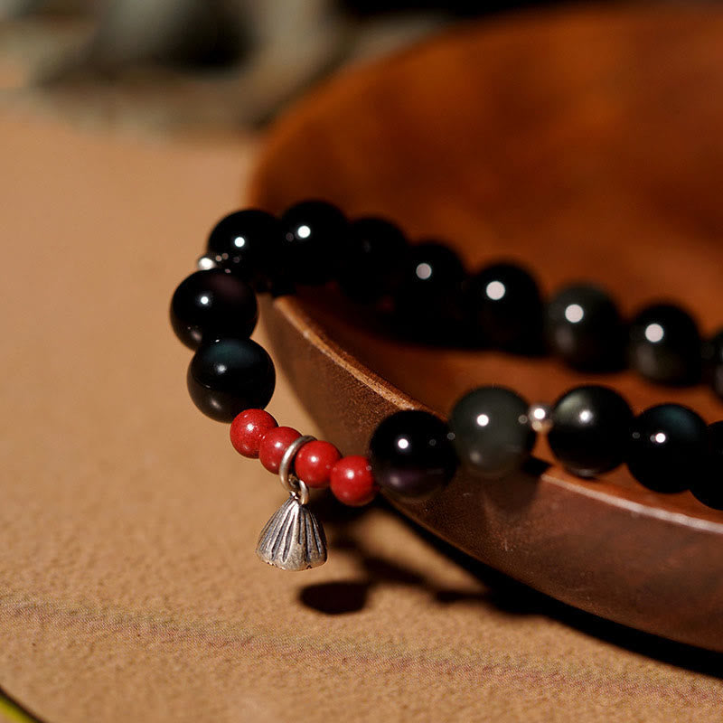 Buddha Stones Natural Black Obsidian Cinnabar Lotus Charm Strength Fulfillment Bracelet - image 1