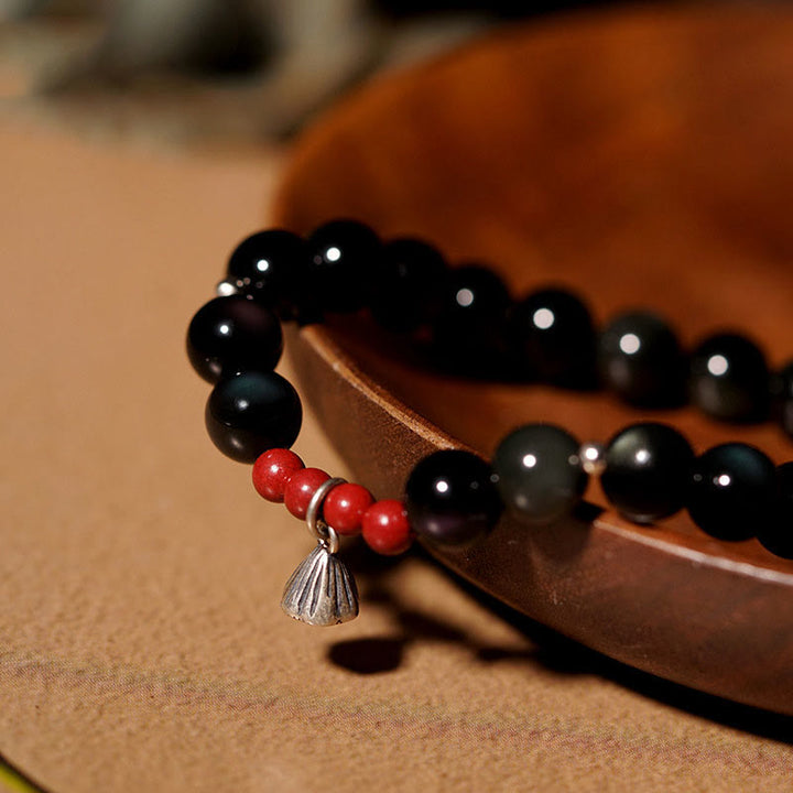Buddha Stones Natural Black Obsidian Cinnabar Lotus Charm Strength Fulfillment Bracelet - image 1