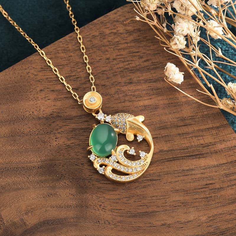 Buddha Stones Green Chalcedony Koi Fish Strength Necklace Pendant - image 1