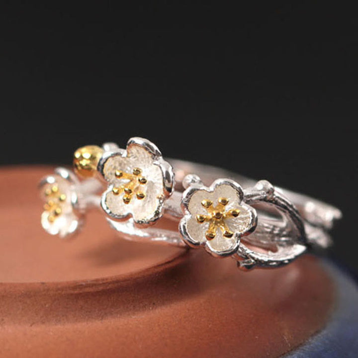 Buddha Stones 925 Sterling Silver Plum Bossom Calm Ring - image 2