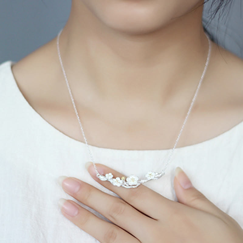 Buddha Stones 925 Sterling Silver Plum Bossom Protection Necklace Pendant - image 5