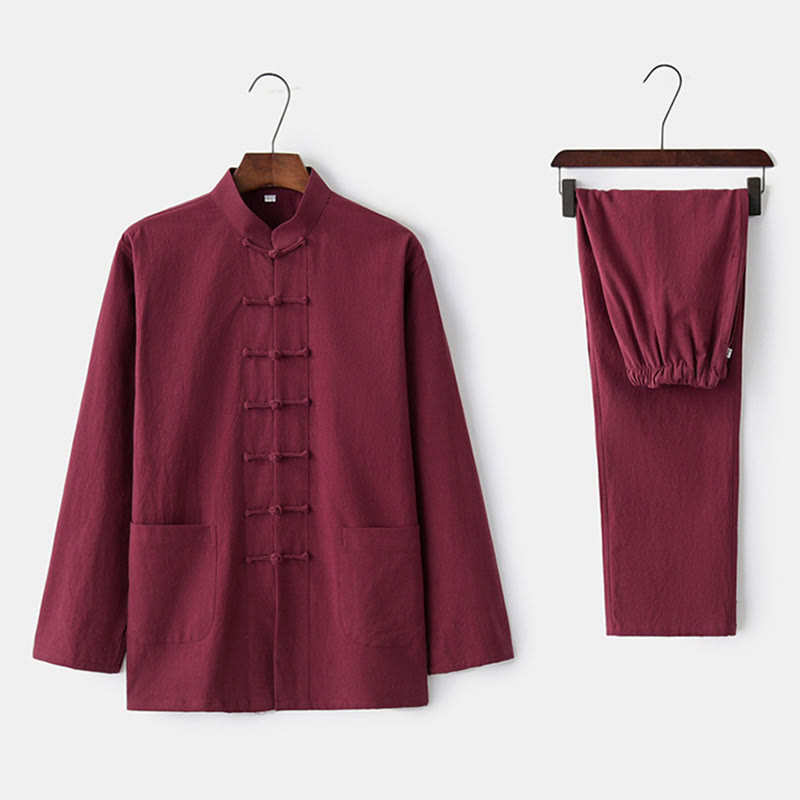 Buddha Stones Frog-Button Tang Long Sleeve Shirt Pants Men's Suit - Maroon - US/UK/AU44,EU54 (4XL) - image 4