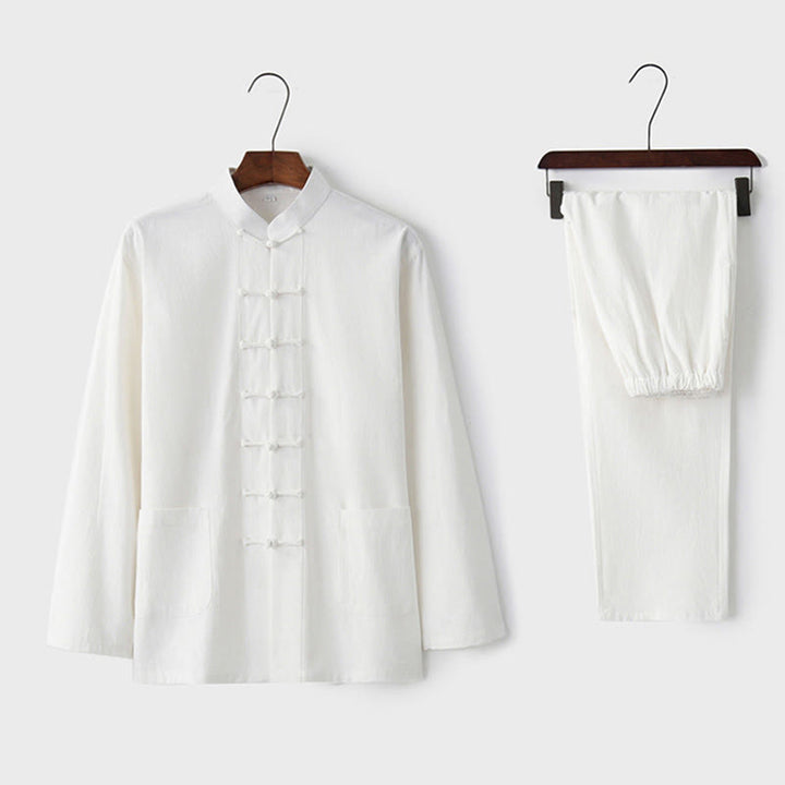 Buddha Stones Frog-Button Tang Long Sleeve Shirt Pants Men's Suit - White - US/UK/AU44,EU54 (4XL) - image 5