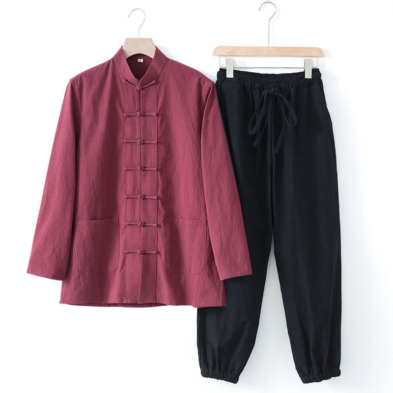 Buddha Stones Meditation Frog-Button Tang Long Sleeve Shirt Pants Men's Suit - Maroon Shirt&Black Pant - US/UK/AU44,EU54 (4XL) - image 23