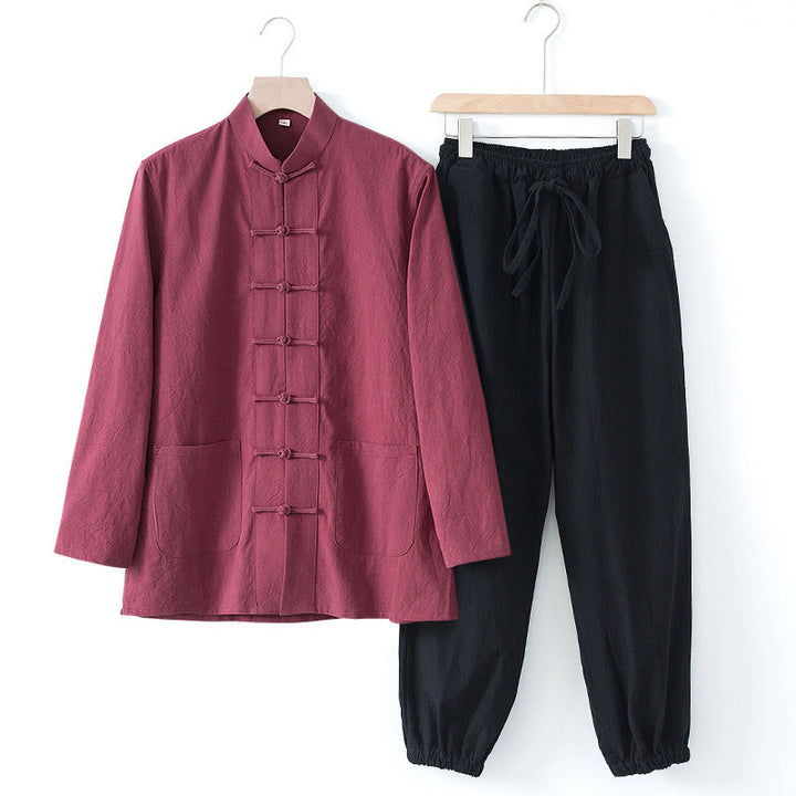 Buddha Stones Meditation Frog-Button Tang Long Sleeve Shirt Pants Men's Suit - Maroon Shirt&Black Pant - US/UK/AU44,EU54 (4XL) - image 23