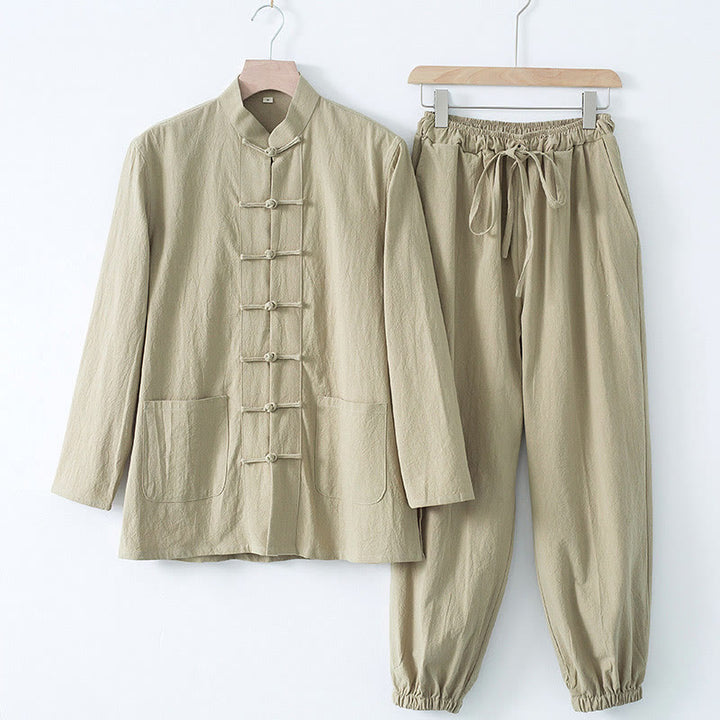 Buddha Stones Meditation Frog-Button Tang Long Sleeve Shirt Pants Men's Suit - Tan Shirt&Tan Pant - US/UK/AU44,EU54 (4XL) - image 15