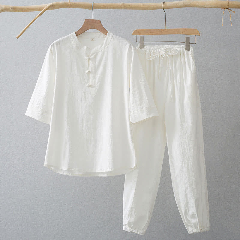 Buddha Stones Frog-Button Three Quarter Sleeve Shirt Pants Men's Suit - White Shirt&White Pant - US/UK/AU44,EU54 (4XL) - image 1