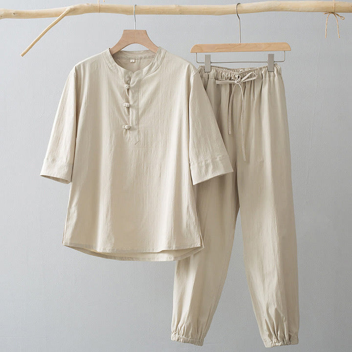 Buddha Stones Frog-Button Three Quarter Sleeve Shirt Pants Men's Suit - AntiqueWhite Shirt&AntiqueWhite Pant - US/UK/AU44,EU54 (4XL) - image 0