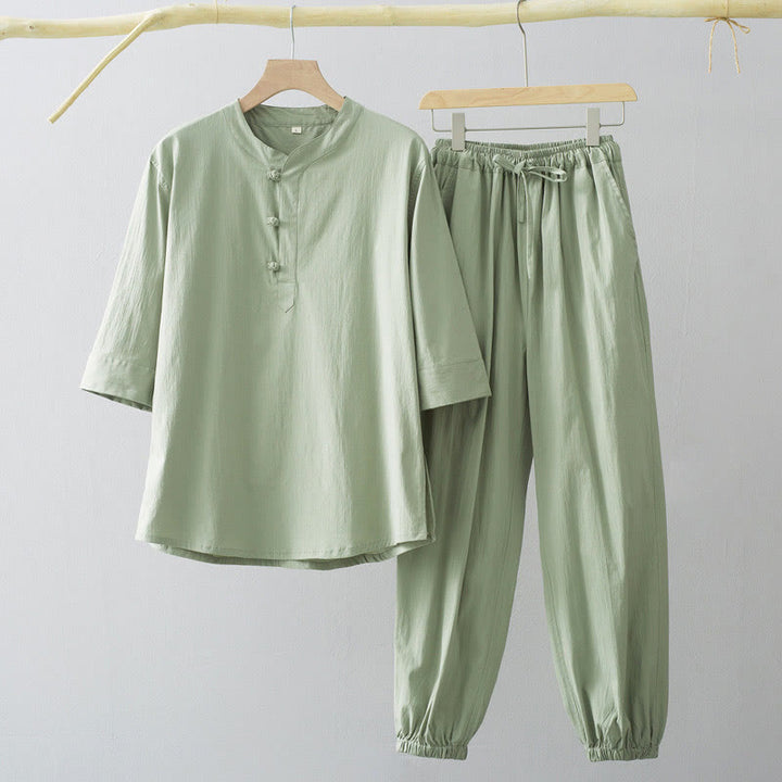 Buddha Stones Frog-Button Three Quarter Sleeve Shirt Pants Men's Suit - DarkSeaGreen Shirt&DarkSeaGreen Pant - US/UK/AU44,EU54 (4XL) - image 5