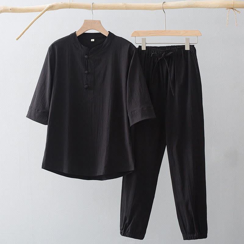 Buddha Stones Frog-Button Three Quarter Sleeve Shirt Pants Men's Suit - Black Shirt&Black Pant - US/UK/AU44,EU54 (4XL) - image 3
