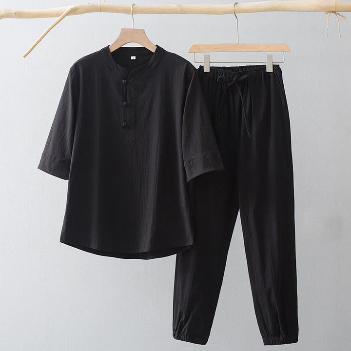 Buddha Stones Frog-Button Three Quarter Sleeve Shirt Pants Men's Suit - Black Shirt&Black Pant - US/UK/AU44,EU54 (4XL) - image 3