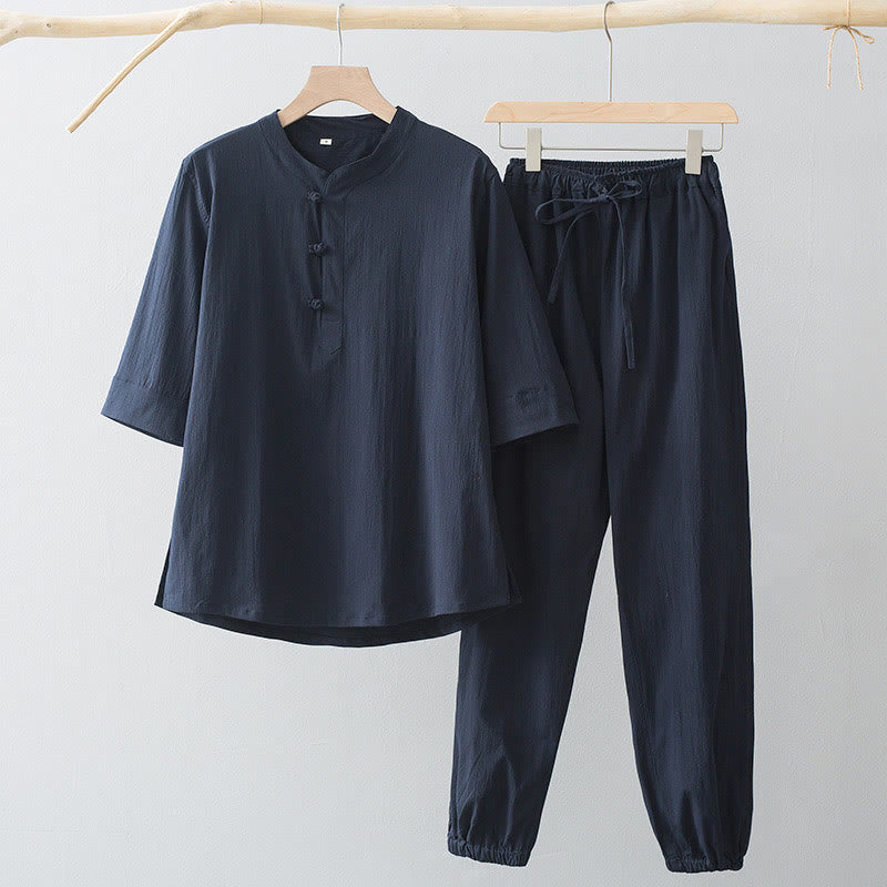 Buddha Stones Frog-Button Three Quarter Sleeve Shirt Pants Men's Suit - MidnightBlue Shirt&MidnightBlue Pant - US/UK/AU44,EU54 (4XL) - image 4