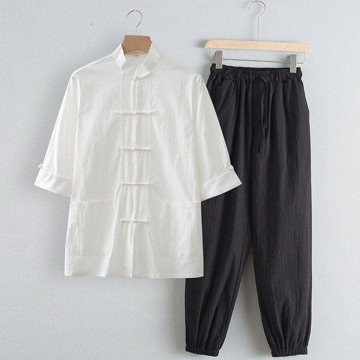 Buddha Stones Tang Frog-Button Three Quarter Sleeve Shirt Pants Men's Suit - White Shirt&Black Pant - US/UK/AU44,EU54 (4XL) - image 4