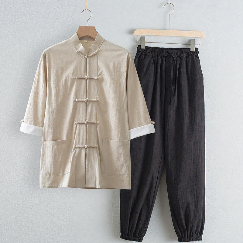 Buddha Stones Tang Frog-Button Three Quarter Sleeve Shirt Pants Men's Suit - BlanchedAlmond Shirt&Black Pant - US/UK/AU44,EU54 (4XL) - image 2