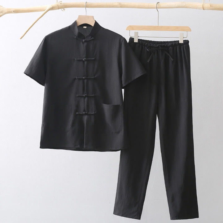 Buddha Stones Tang Frog-Button Short Sleeve Shirt Wide Leg Pants Men's Suit - Black - US/UK/AU44,EU54 (4XL) - image 4