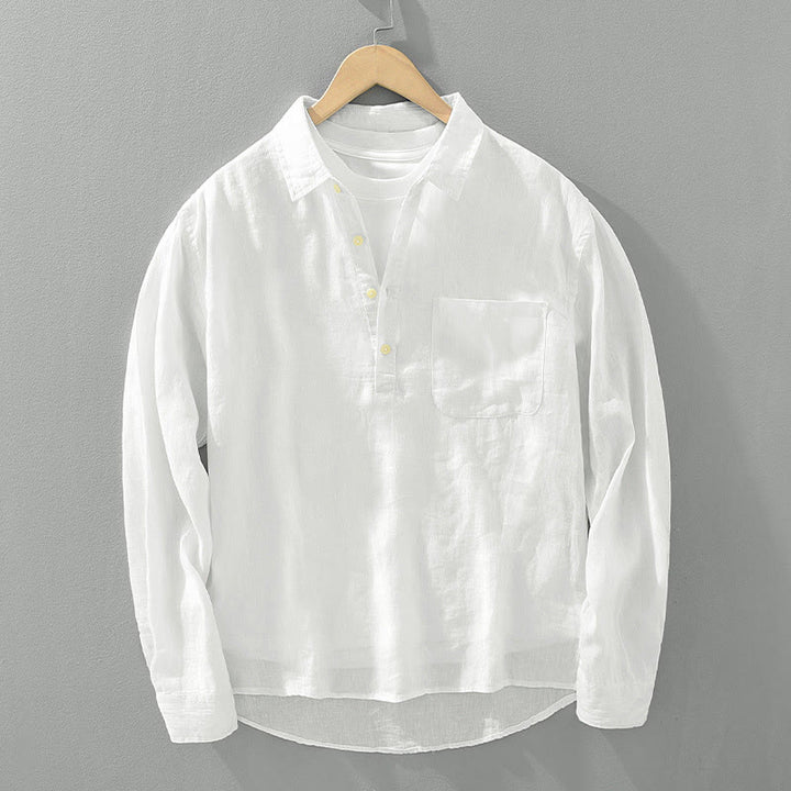 Buddha Stones Solid Color Loose Long Sleeve Half Button Shirt Linen Men Clothing - White - US/UK/AU42,EU52 (3XL) - image 0