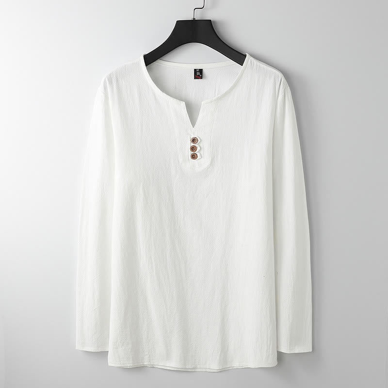 Buddha Stones Solid Color Long Sleeve Button Shirt Cotton Linen Men Clothing - White - US/UK/AU54,EU64 (9XL) - image 1