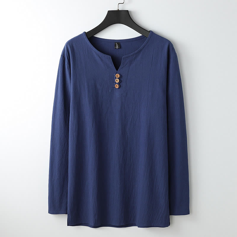 Buddha Stones Solid Color Long Sleeve Button Shirt Cotton Linen Men Clothing - Navy - US/UK/AU54,EU64 (9XL) - image 0