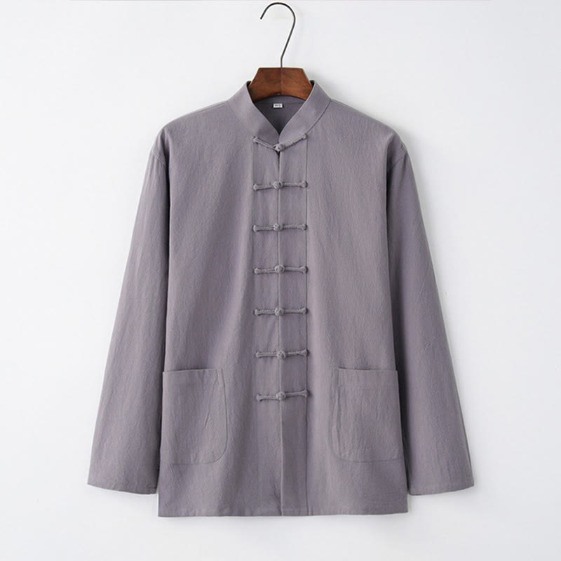 Buddha Stones Tang Frog-Button Long Sleeve Shirt Cotton Men's Clothing - LightSlateGray - US/UK/AU44,EU54 (4XL) - image 0