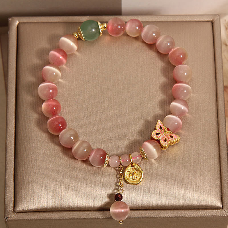Buddha Stones Gradient Pink Cat's Eye Butterfly Peace Bracelet - image 4